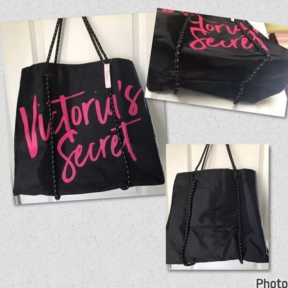 NWT Victoria’s Secret Angel Tote Black Pink Convertible Rope Weekender Tote Bag